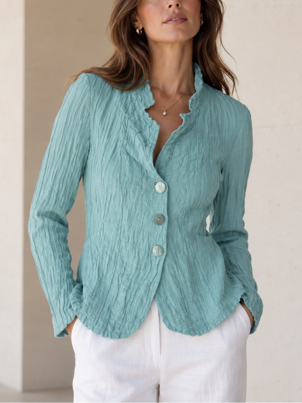 371. Grizas Silk Linen Crinkle Button-Front Blazer
